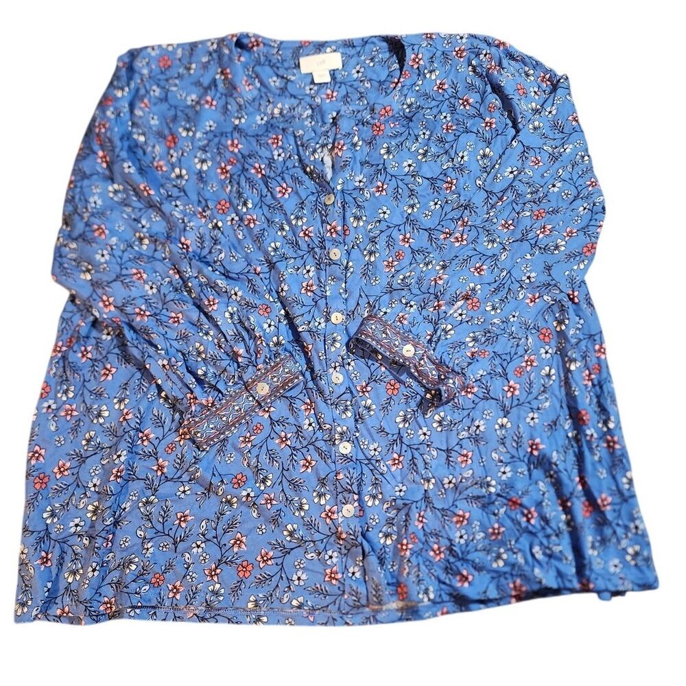 J.Jill Blue Button Down Floral Peasant Top Size Large